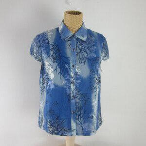 Vtg Gérard Pasquier Womens S Blue Floral Cap Sleeve Silk Lined Shirt Top 13